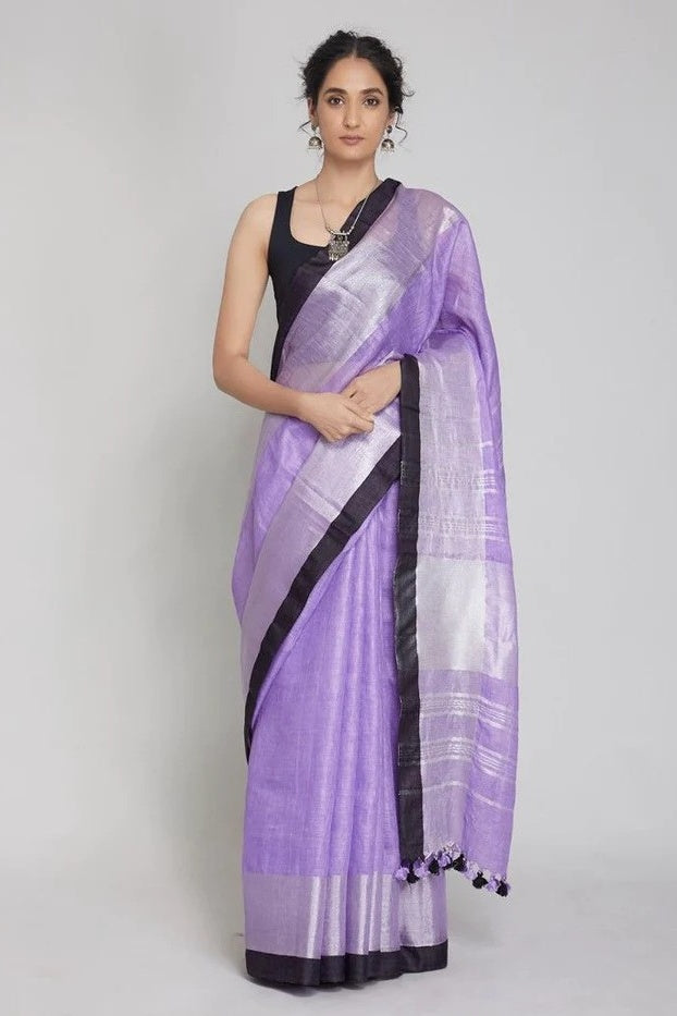 purple handloom woven pure linen saree - linenworldonline.in