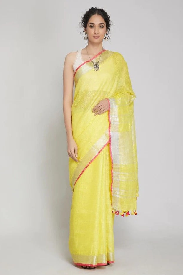yellow handloom woven pure linen saree - linenworldonline.in
