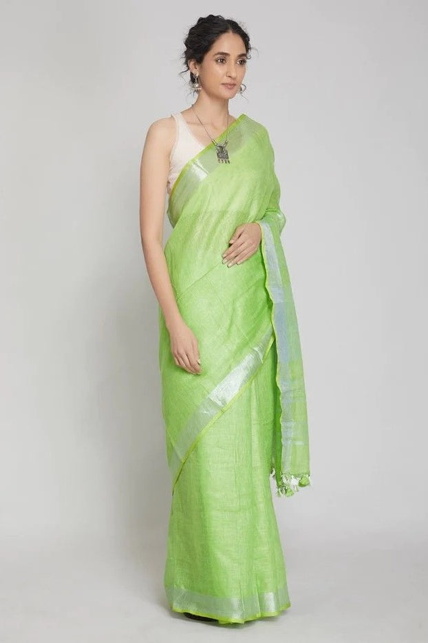 green handloom woven pure linen saree - linenworldonline.in