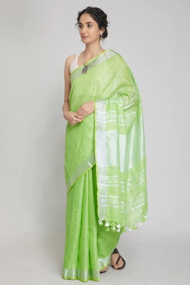 green handloom woven pure linen saree - linenworldonline.in