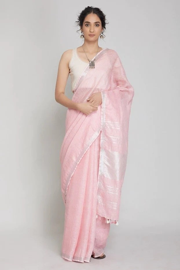 thin zari baby pink handloom woven pure linen saree - linenworldonline.in