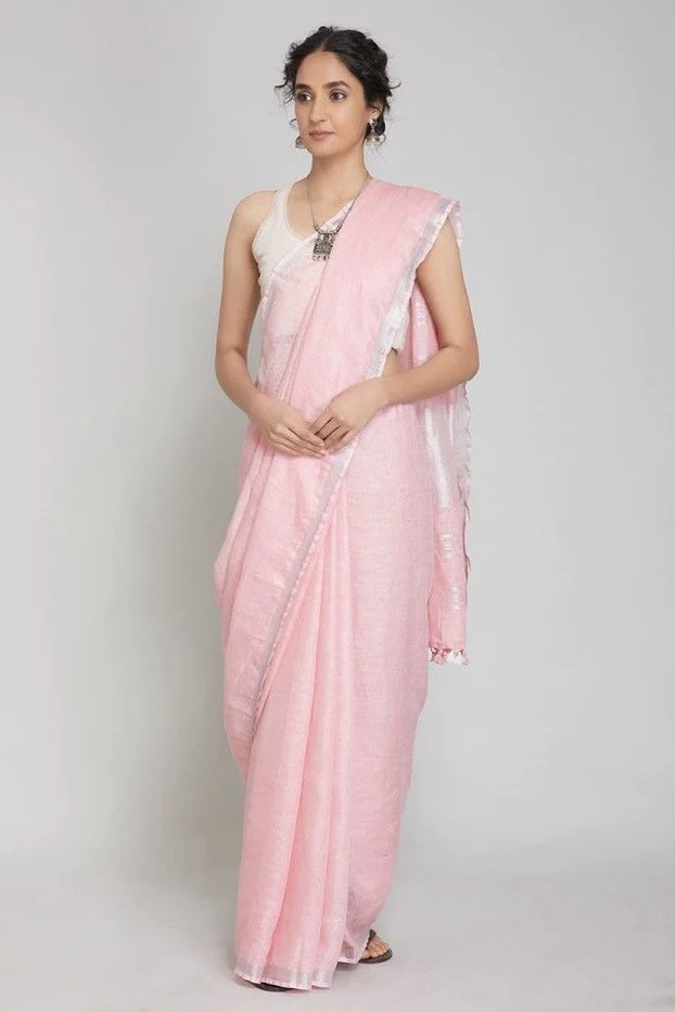 thin zari baby pink handloom woven pure linen saree - linenworldonline.in