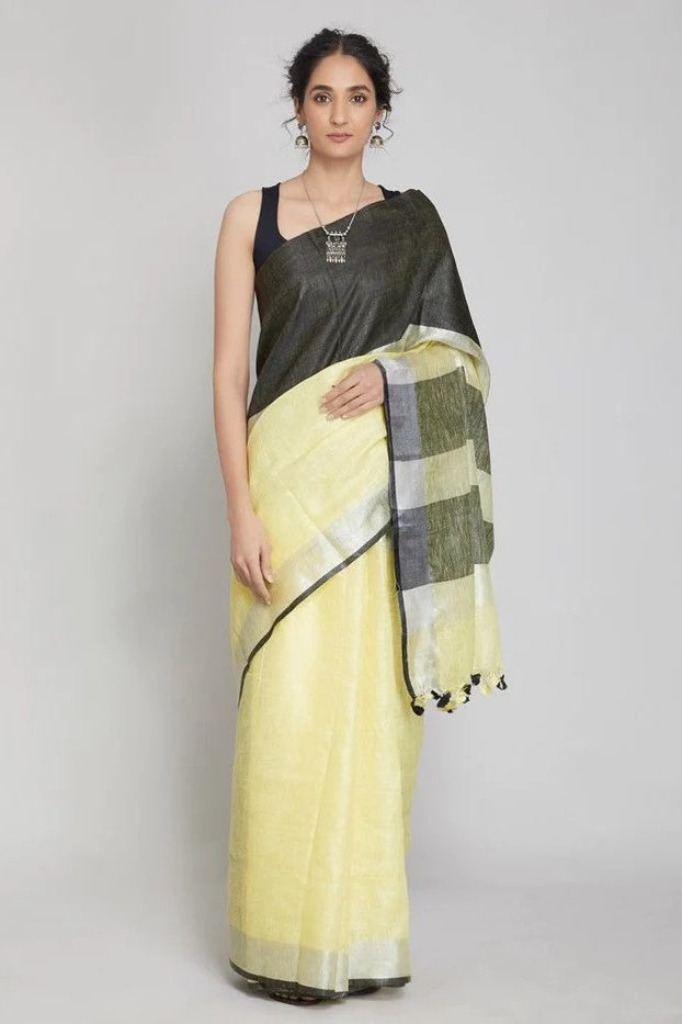 pale yellow handloom woven broad border pure linen saree - linenworldonline.in