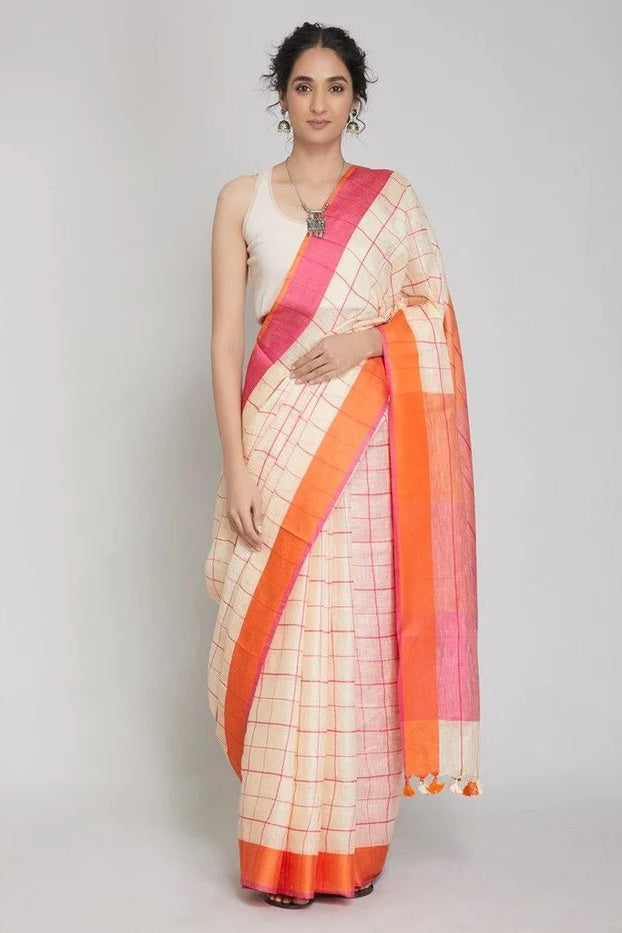 cream ganga yamuna handloom checkered woven pure linen saree - linenworldonline.in