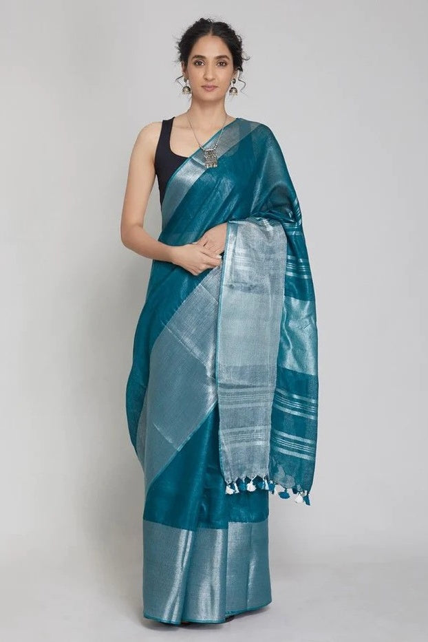 teal blue handloom woven pure linen saree - linenworldonline.in