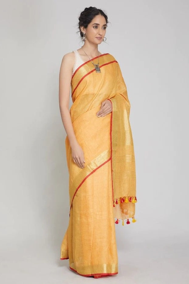 mustard yellow handloom woven pure linen saree - linenworldonline.in