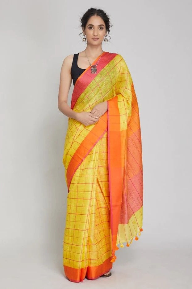 yellow checkered ganga yamuna handloom woven pure linen saree - linenworldonline.in