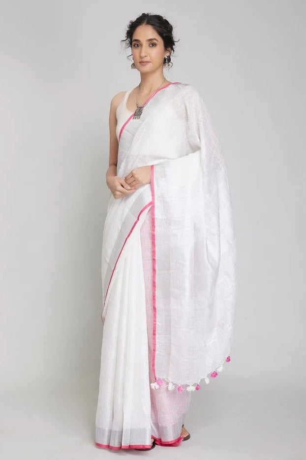 white handloom woven pure linen saree - linenworldonline.in