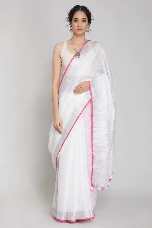 white handloom woven pure linen saree - linenworldonline.in