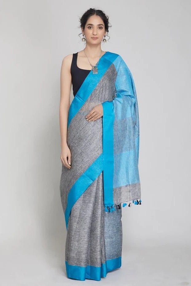 grey handloom woven pure linen saree - linenworldonline.in