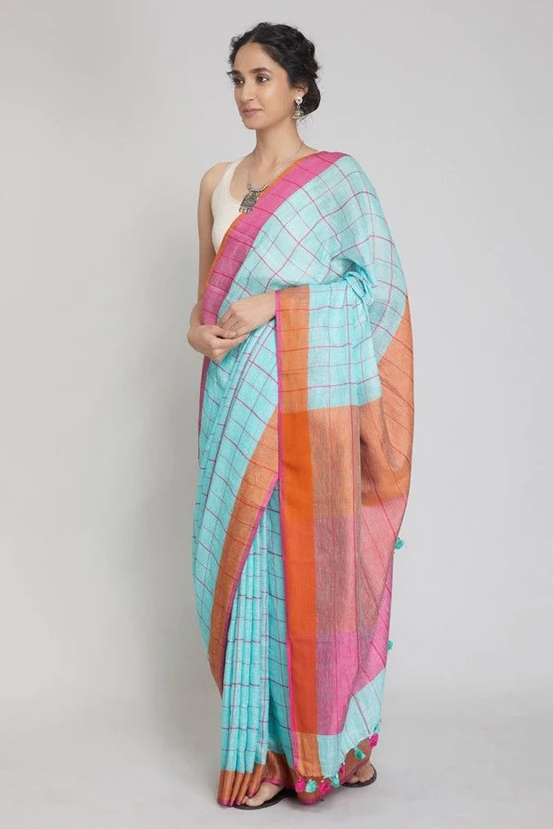 blue checkered handloom woven pure linen saree - linenworldonline.in
