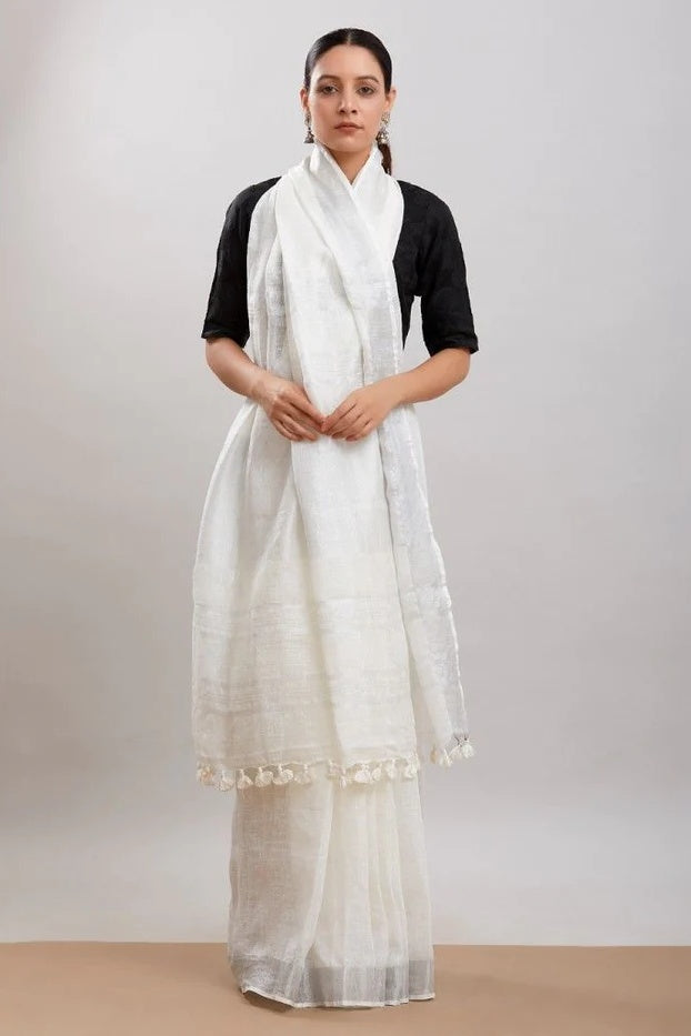 white handloom woven pure linen saree - linenworldonline.in