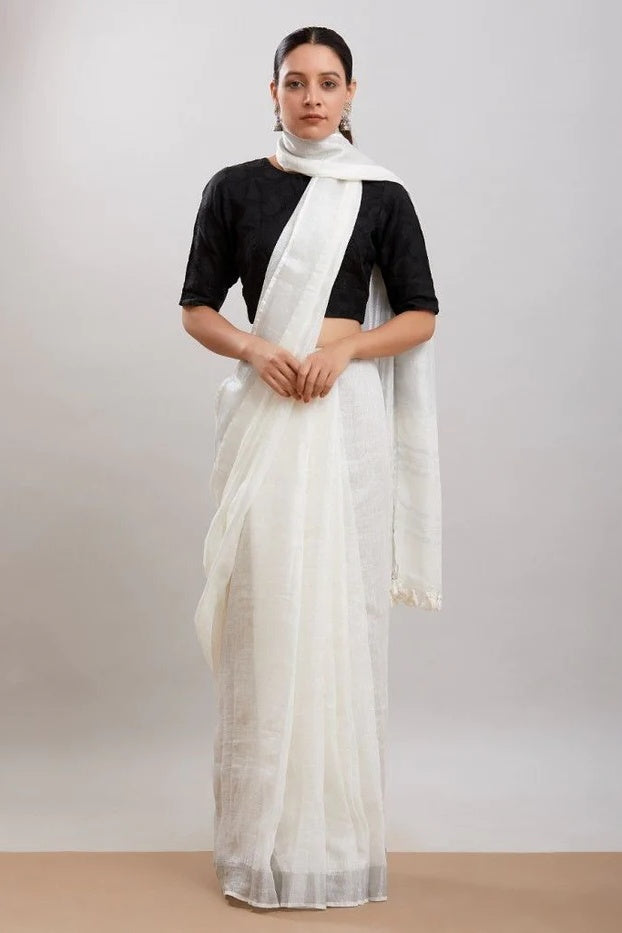 white handloom woven pure linen saree - linenworldonline.in