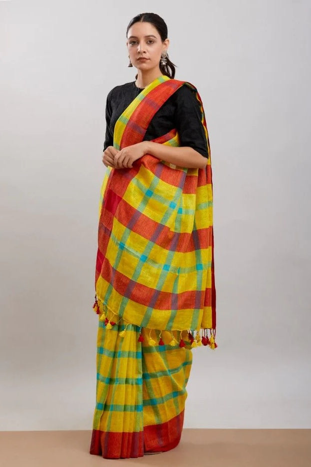 yellow checkered handloom woven pure linen saree - linenworldonline.in