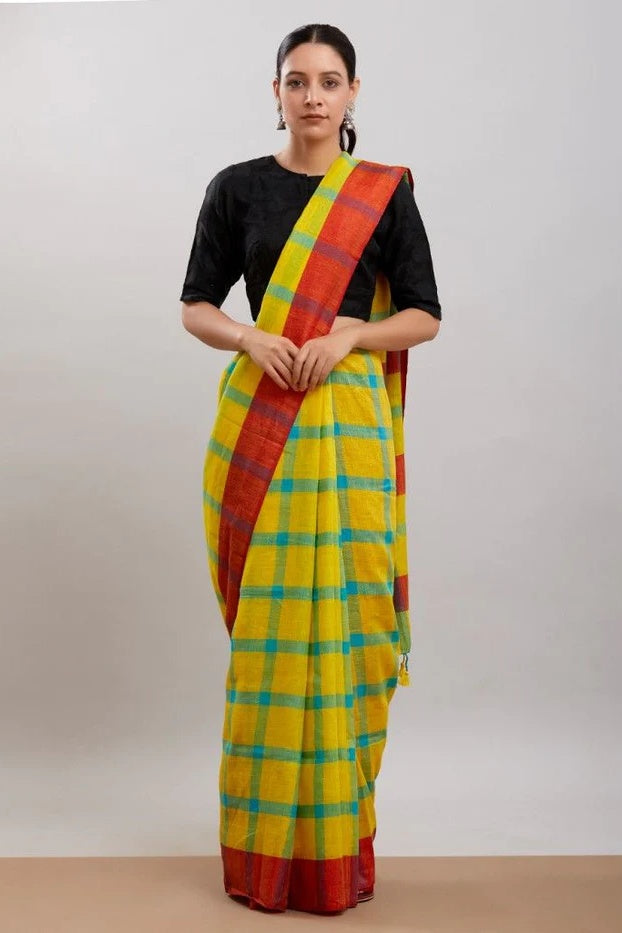 yellow checkered handloom woven pure linen saree - linenworldonline.in