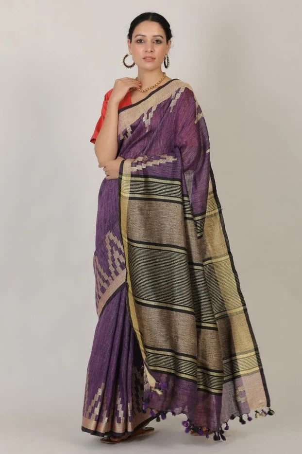 purple handloom woven pure linen saree - linenworldonline.in