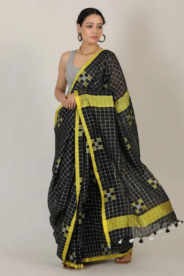 black checkered handloom woven pure linen saree - linenworldonline.in