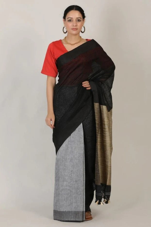 black grey handloom woven pure linen saree - linenworldonline.in