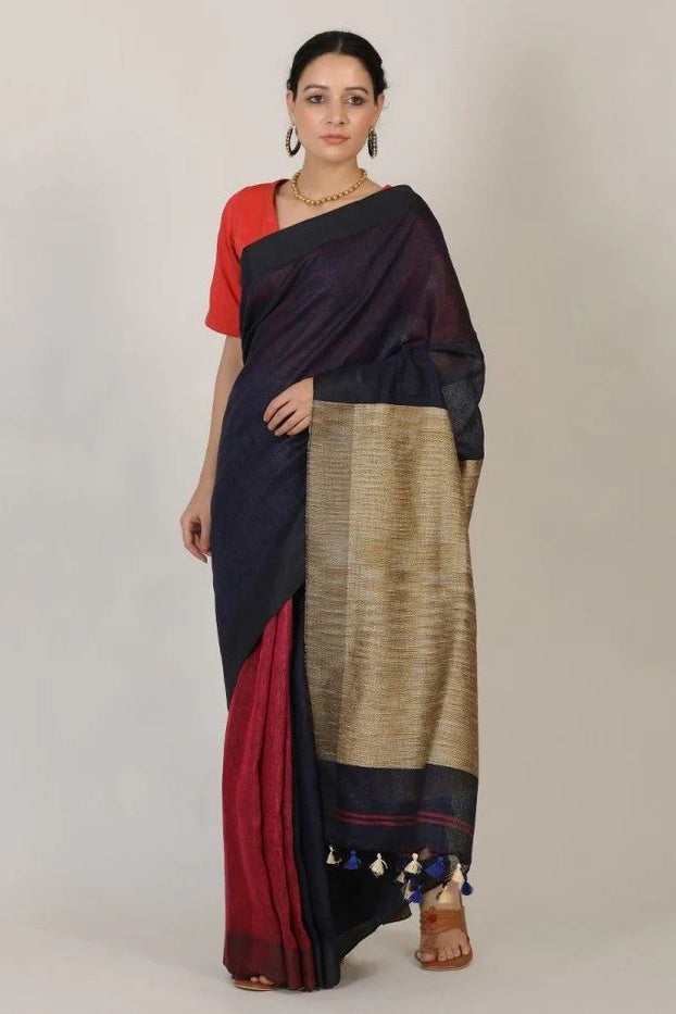black red handloom woven pure linen saree - linenworldonline.in