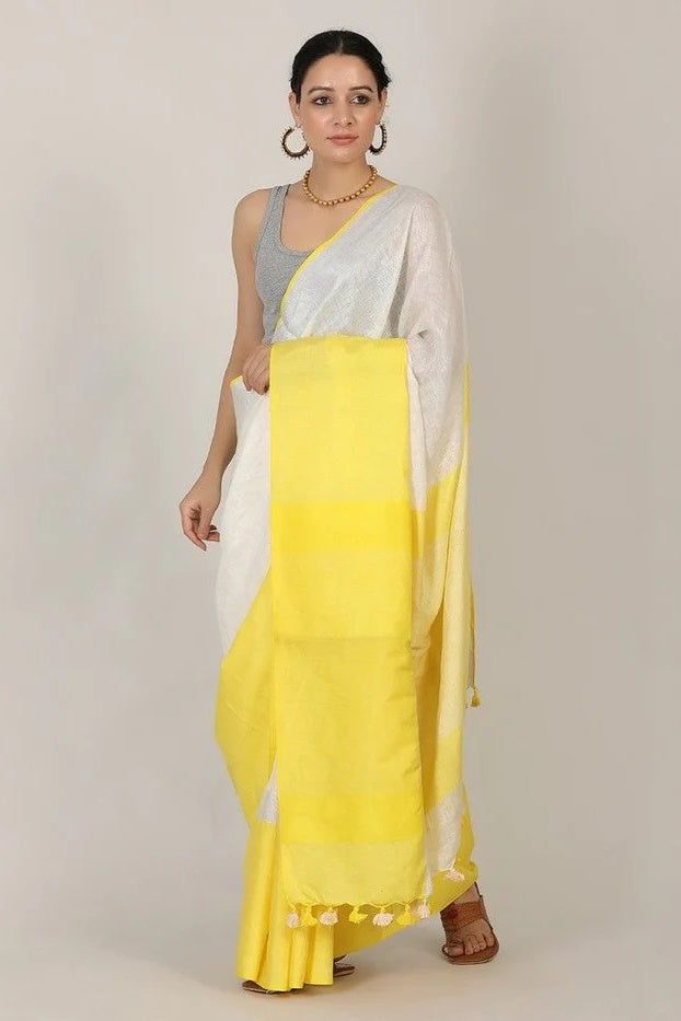 white handloom woven pure linen saree - linenworldonline.in