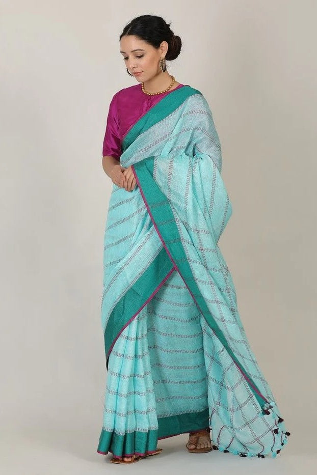 aqua blue kantha style handloom woven pure linen saree - linenworldonline.in