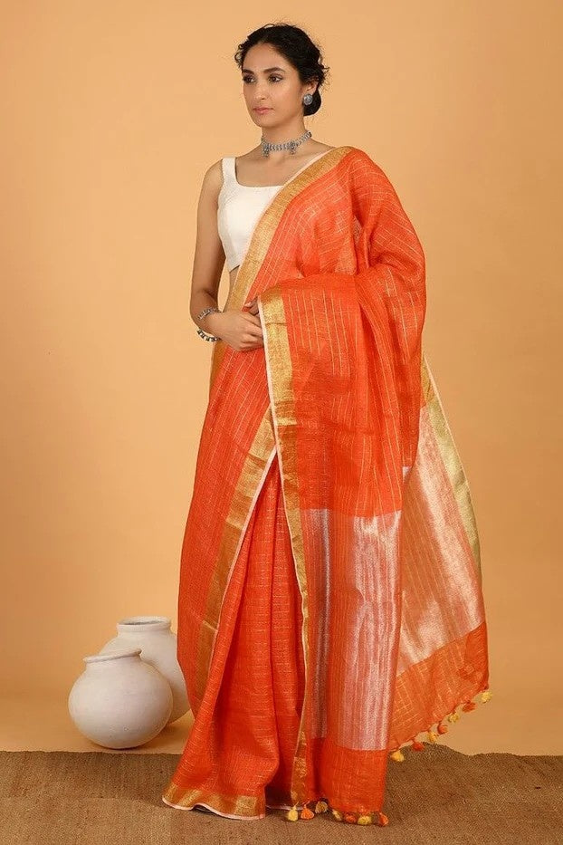orange checkered handloom woven pure linen saree - linenworldonline.in