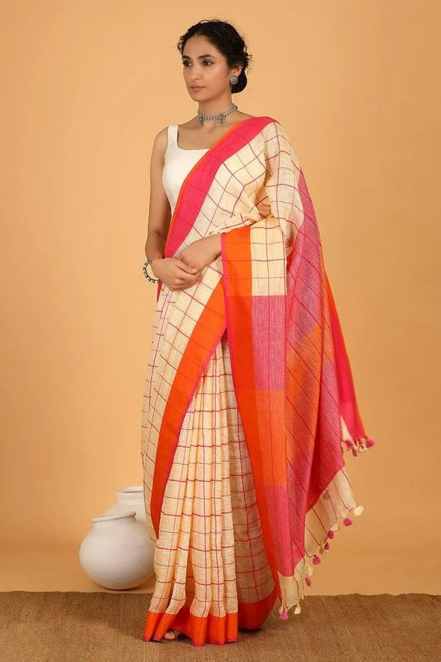 cream checkered handloom woven pure linen saree - linenworldonline.in