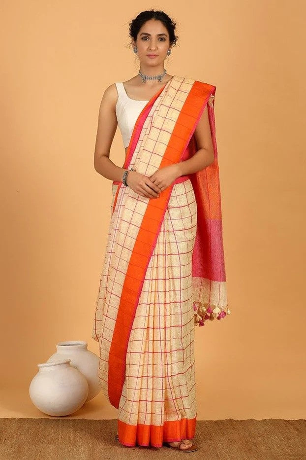 cream checkered handloom woven pure linen saree - linenworldonline.in
