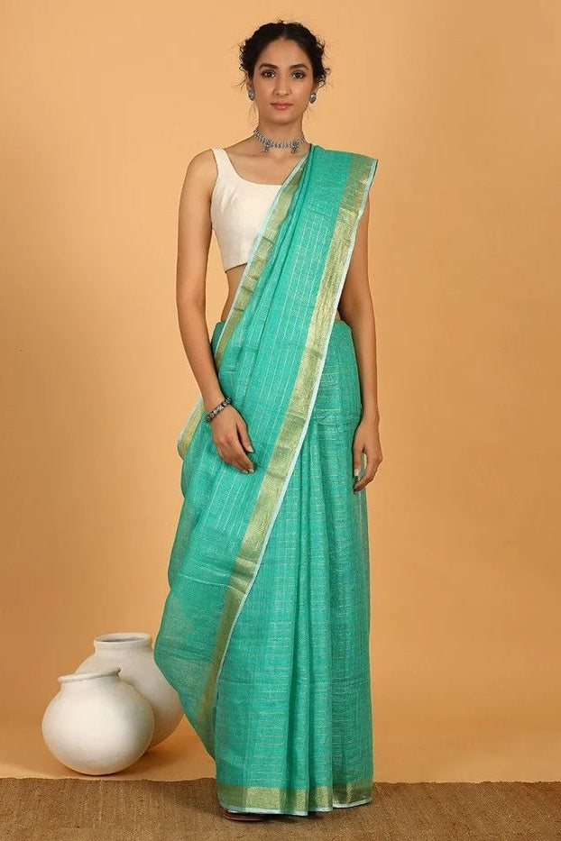 blue checkered handloom woven pure linen saree - linenworldonline.in