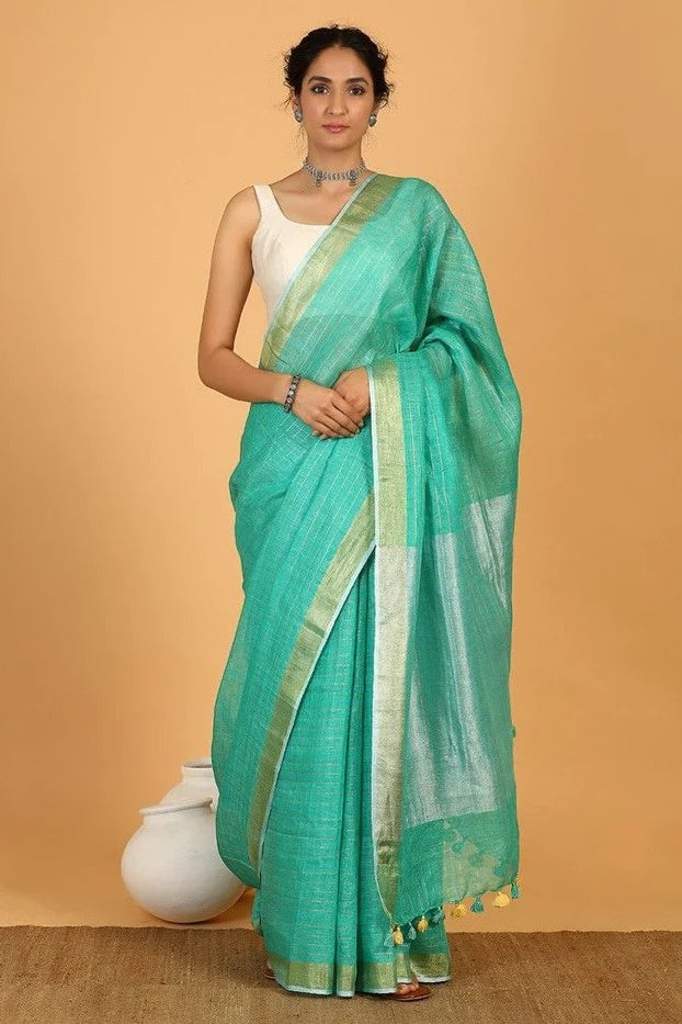 blue checkered handloom woven pure linen saree - linenworldonline.in