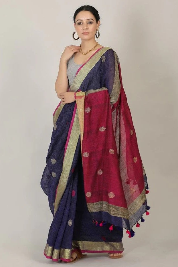 blue polka handloom woven pure linen saree - linenworldonline.in