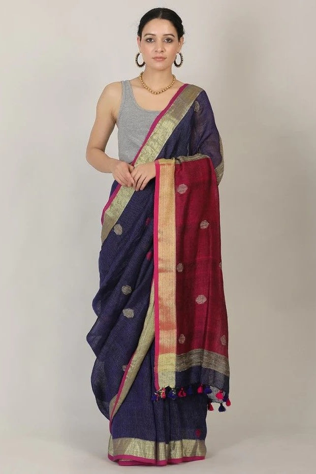 blue polka handloom woven pure linen saree - linenworldonline.in