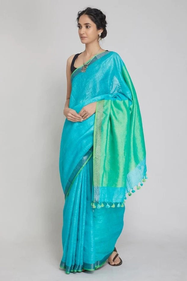 blue handloom woven pure linen saree - linenworldonline.in