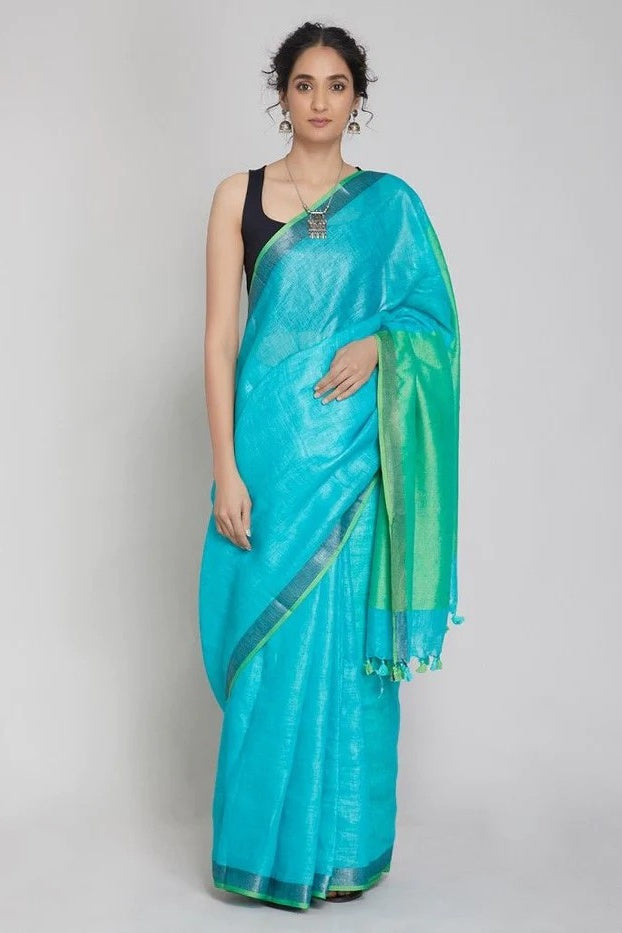 blue handloom woven pure linen saree - linenworldonline.in