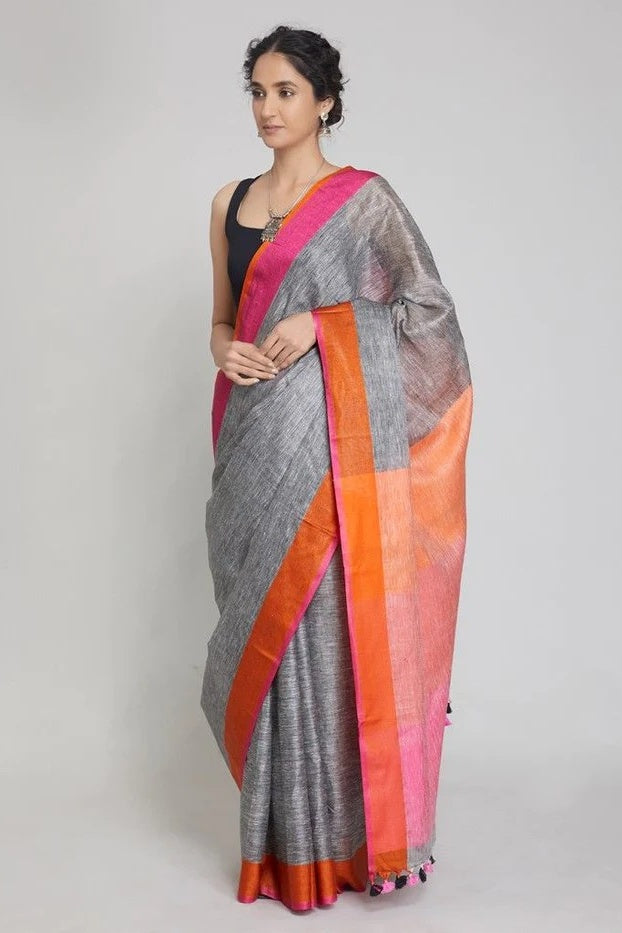 grey ganga yamuna handloom woven pure linen saree - linenworldonline.in