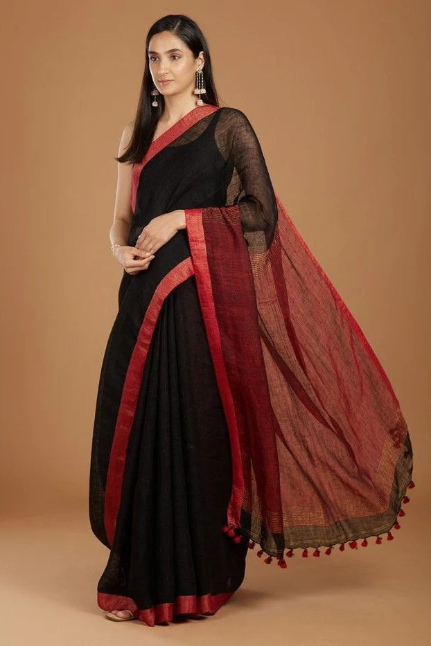 black handloom woven pure linen saree - linenworldonline.in