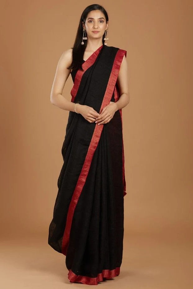 black handloom woven pure linen saree - linenworldonline.in