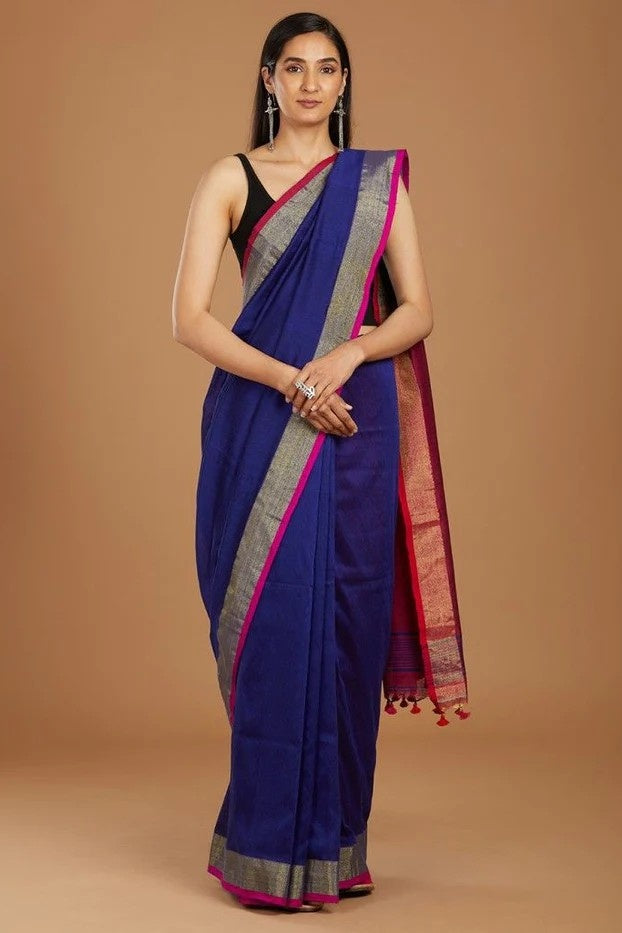blue handloom woven pure linen saree - linenworldonline.in