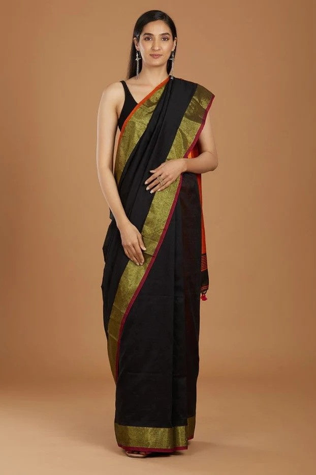 black handloom woven pure linen saree - linenworldonline.in