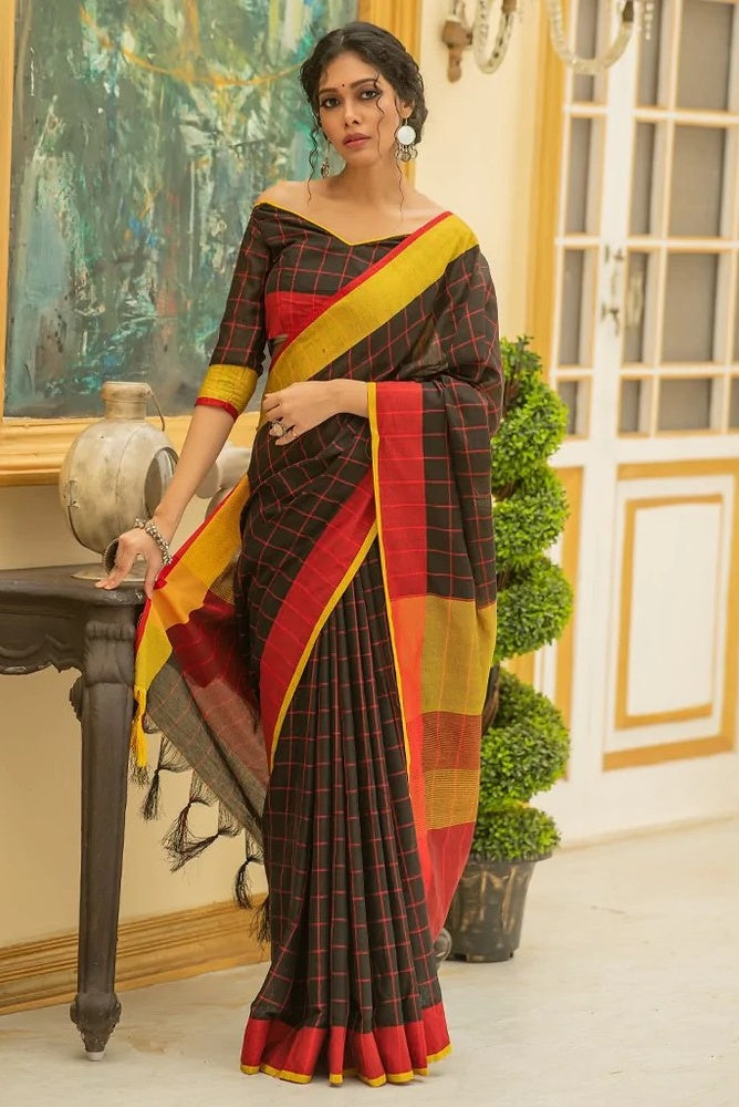 black checkered handloom woven pure linen saree - linenworldonline.in