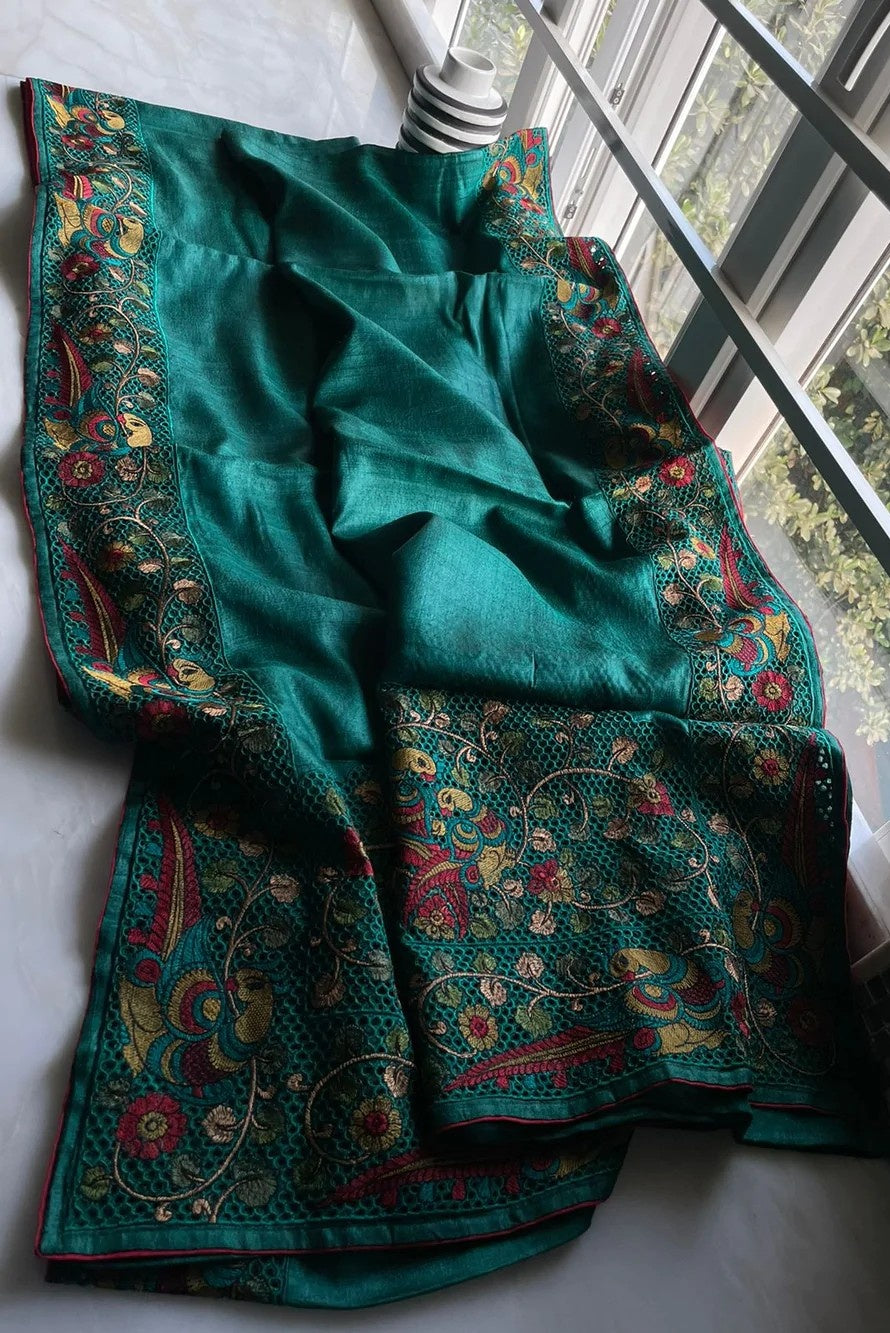teal green pure bhagalpuri desi tussar hand cutwork silk saree - linenworldonline.in