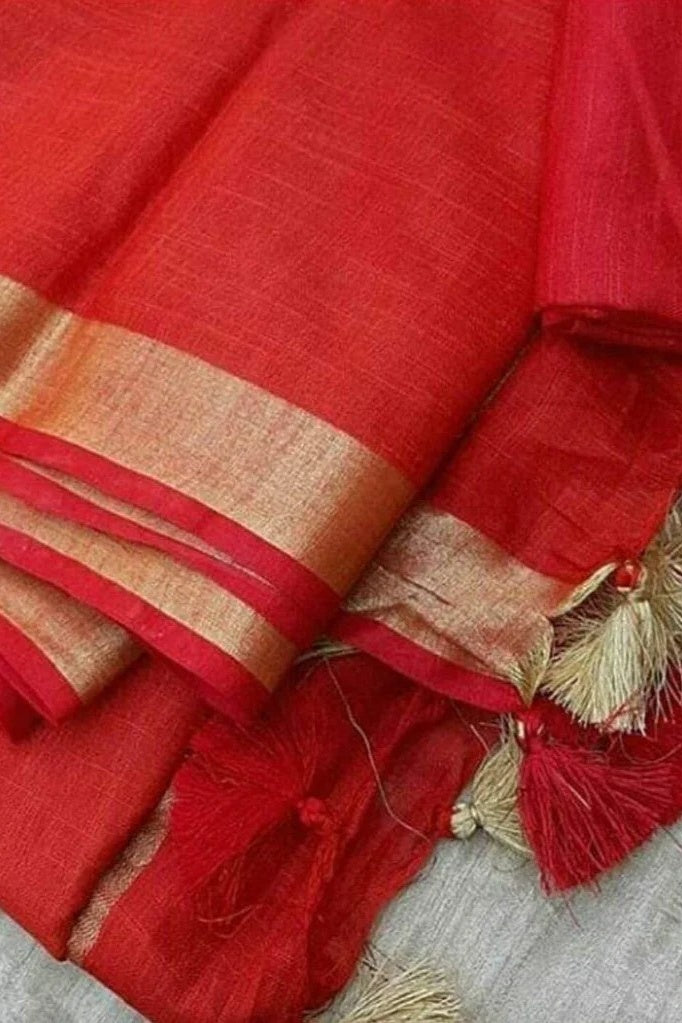 red cotton linen saree - linenworldonline.in