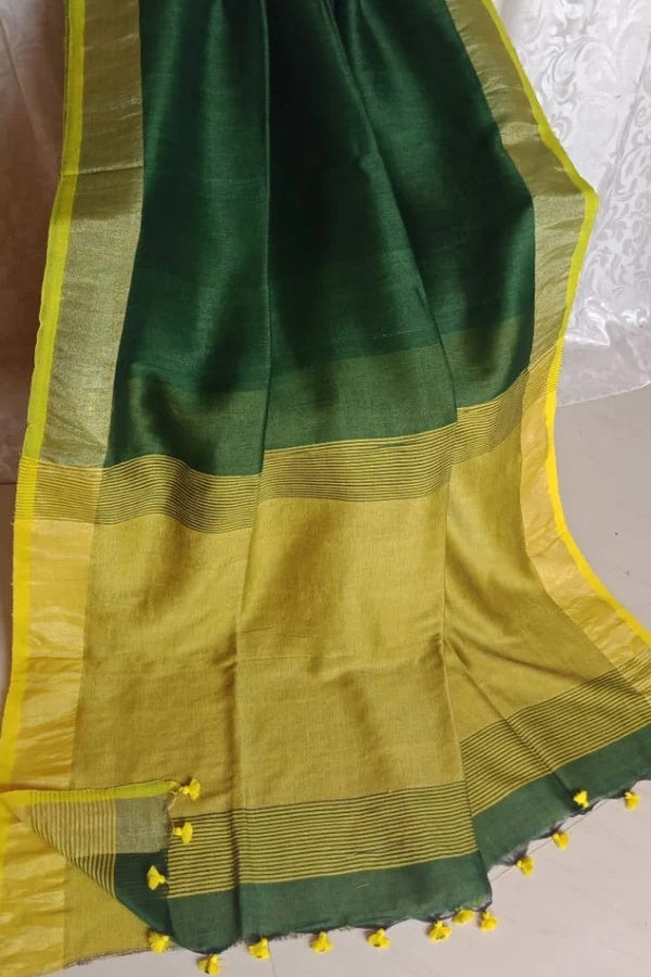 green handloom woven pure linen saree - linenworldonline.in