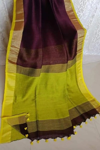 maroon handloom woven pure linen saree - linenworldonline.in
