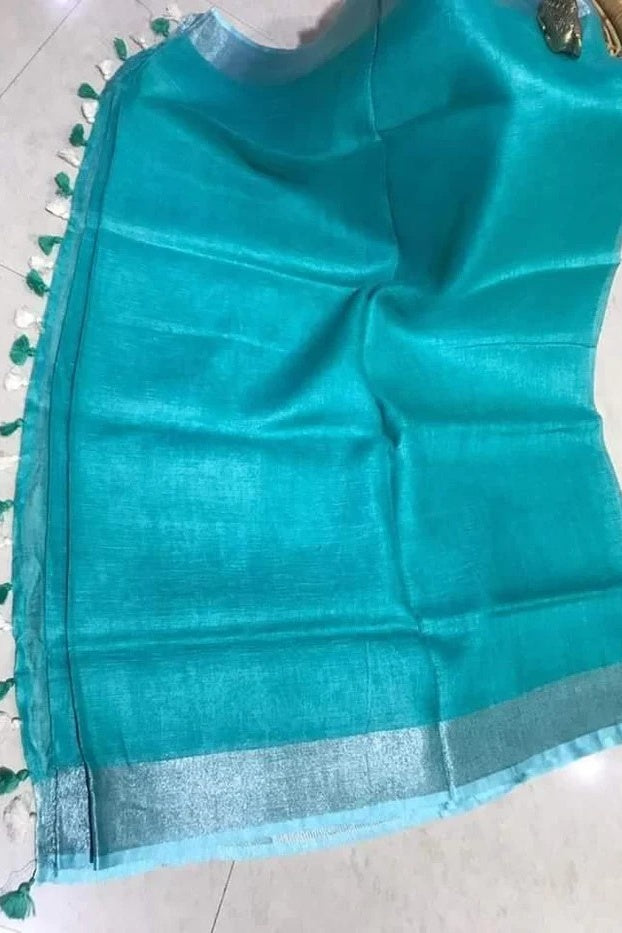 blue handloom woven pure linen saree - linenworldonline.in