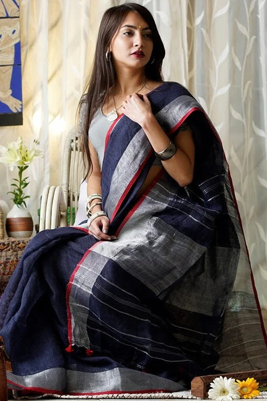 blue handloom woven pure linen saree - linenworldonline.in