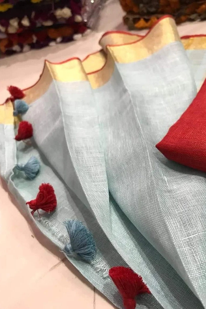 powder blue handloom woven pure linen saree - linenworldonline.in