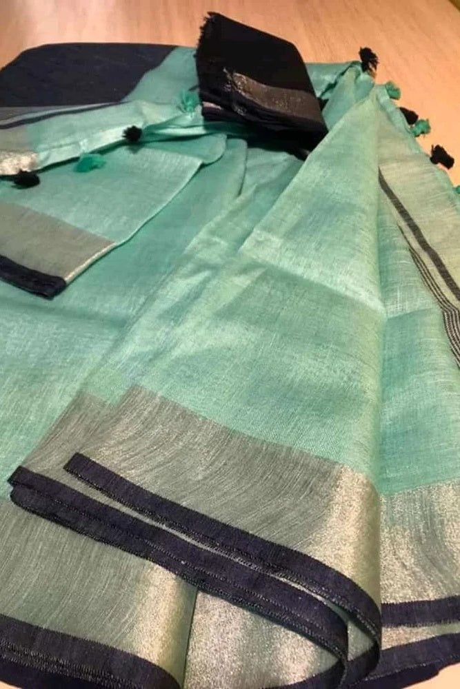 aqua blue handloom woven pure linen saree - linenworldonline.in