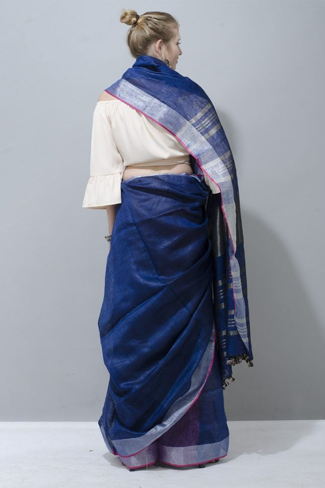 blue handloom woven pure linen saree - linenworldonline.in