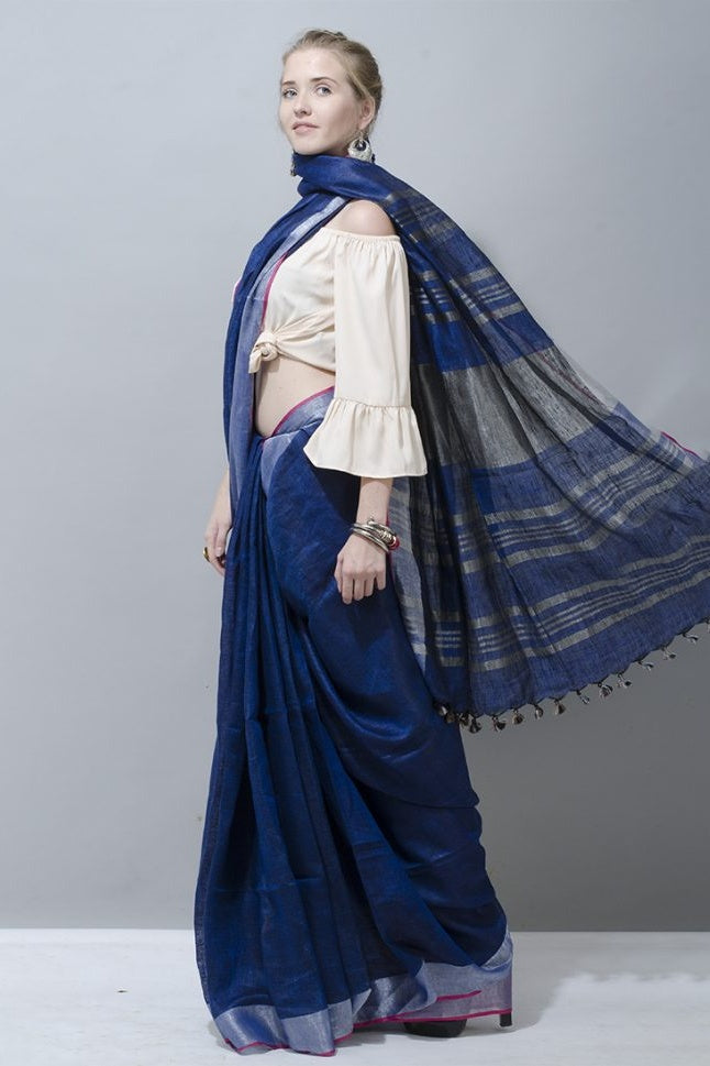 blue handloom woven pure linen saree - linenworldonline.in